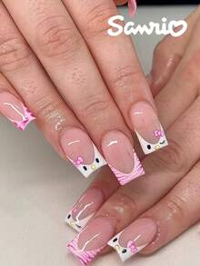 SANRIO 24片短方形3D豹纹法式美甲贴片，带有可爱蝴蝶结装饰设计，粉嫩少女风，完美适配亚克力假指甲套装，包含1片果冻胶和1个指甲锉，适合女性和女孩日常、派对和聚会使用。 - 彩色 - 查看 2