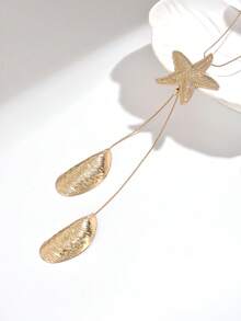 1 Set European And American Minimalist Ocean Elements Gold Starfish & Seahorse Long Tassel Y-Necklace And Earrings Jewelry Set, Versatile Elegant Jewelry Suitable For Women, Vacation, Party, Dinner - Gold - View 4