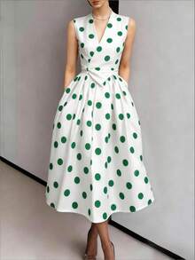 Women's Fresh Vacation Style Green Polka Dot V-Neck Sleeveless Waist Fit Flare Dress Elegant Summer - Multicolor - View 1