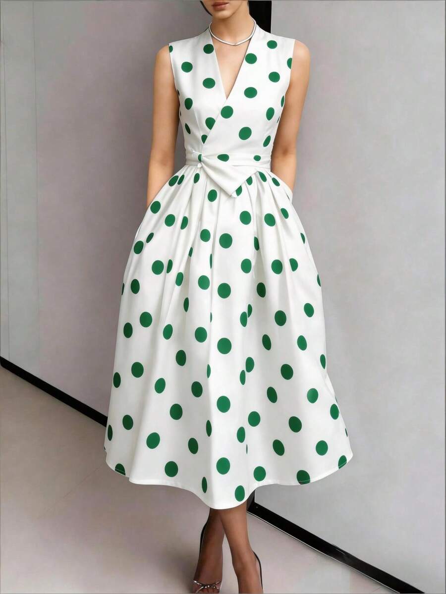 Women's Fresh Vacation Style Green Polka Dot V-Neck Sleeveless Waist Fit Flare Dress Elegant Summer - Multicolor - View 1