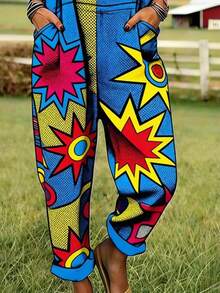 Pop Art Burst Pattern All-Over Print Women's Adjustable Strap Jumpsuit, Polyester Fiber Fabric, Lightweight And Breathable, Women's Clothing, Standard Size Jumpsuit, Plus Size Women's Clothing, Plus Size Jumpsuit And Romper, Plus Size Jumpsuit - 彩色 - 查看 2
