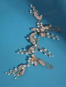1pc Minimalist Leaf & Pearl Hair Comb - Gold - View 2
