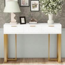 Modern Console Table With Drawers, Gold Frame, Adjustable Footrest And Elegant Handles (White + Gold) - White - View 4