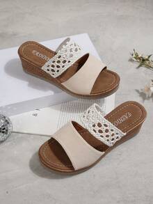 Women's New Fashion Lightweight & Comfortable Wedge Sandals, Summer Beach Vacation Open Toe Slippers, Suitable For Daily Wear, Vacation, Party, Home - Beige - View 6