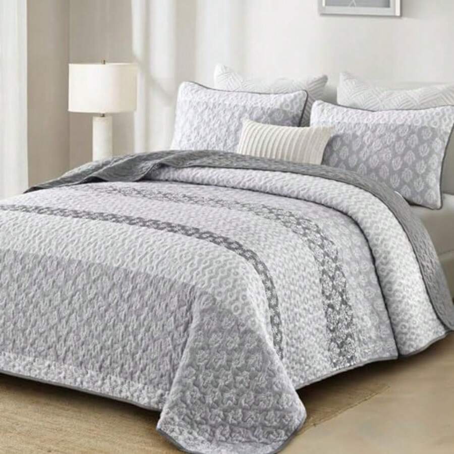Boho Quilt Set Queen Size Gray Farmhouse Quilt Bedding Set Striped Lightweight Summer Bedspread Coverlet Bedding Set 96"x90" 3 Pieces - Gris - Ver 1