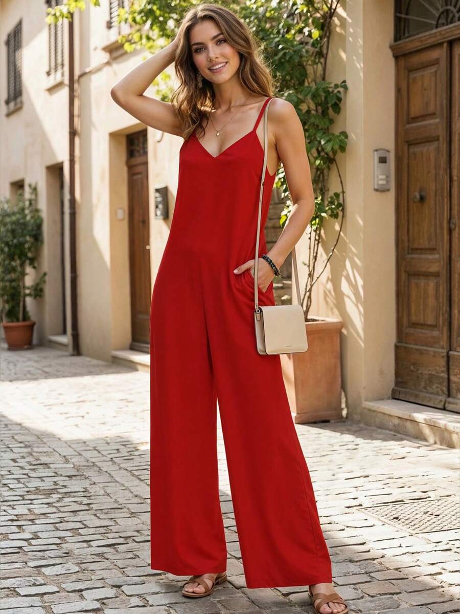 Women's Spring Summer Sexy Solid Straps Elephant Leg Jumpsuit - 紅色 - 查看 1