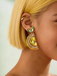 1对新款时尚个性化高档锆石钻石柠檬水滴耳环，欧美风水果耳环，女士日常佩戴及礼品 - 黃色 - 查看 2