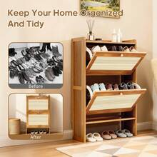 Slim Flip Top Shoe Cabinet, Bamboo Shoe Rack With Raised Base, Modern 2-Tier Shoe Storage For Entryway & Front Door - 2門 - 查看 7