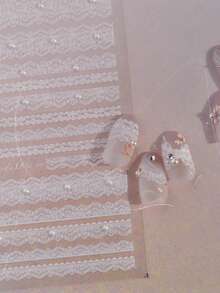1pc White Lace Nail Art Sticker, Nail Design Sticker With Faux Pearl Pattern, Self-Adhesive Decorative Nail Sticker, DIY Nail Art Sticker Nail Stickers - White - View 5