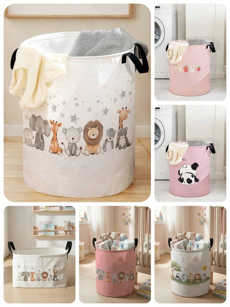1 件可折叠圆形储物篮，带手柄，可爱动物图案，大容量多用途储物箱，适用于育儿室、婴儿尿布、衣服、玩具和配件整理