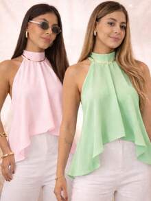 Women's Blouse With High Neck And Asymmetrical Neck Tie - Green/Pink - View 2