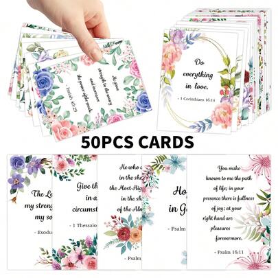 50张花卉图案基督教圣经经文卡片 - 励志宗教祈祷卡、经文语录卡、每日肯定与激励卡，送给朋友、家人和同事的礼物