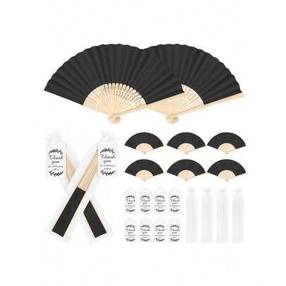 Bộ quạt cầm tay gấp giấy màu đen dùng làm quà tặng trong đám cưới, quạt tre tự làm kèm thẻ cảm ơn và túi vải organza cho khách mời mùa hè, đạo cụ khiêu vũ cô dâu.
