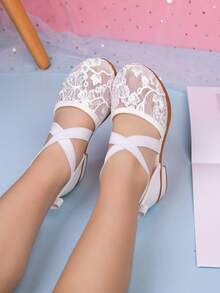 Girls' Mesh Low Heel Shoes, Cross Ankle Strap Embroidered Mesh Mary Jane Shoes, Suitable For Party And Daily Wear - White - View 2