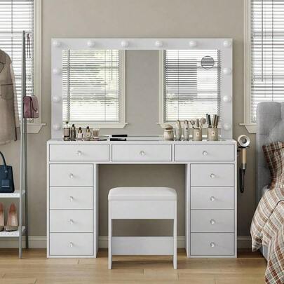 Escritorio de tocador CollaredEagle con espejo iluminado y toma de corriente, tocador de maquillaje con 12 luces LED USB, mesa de tocador con 11 cajones y silla, superficie de vidrio templado, tocador para dormitorio, vestidor.