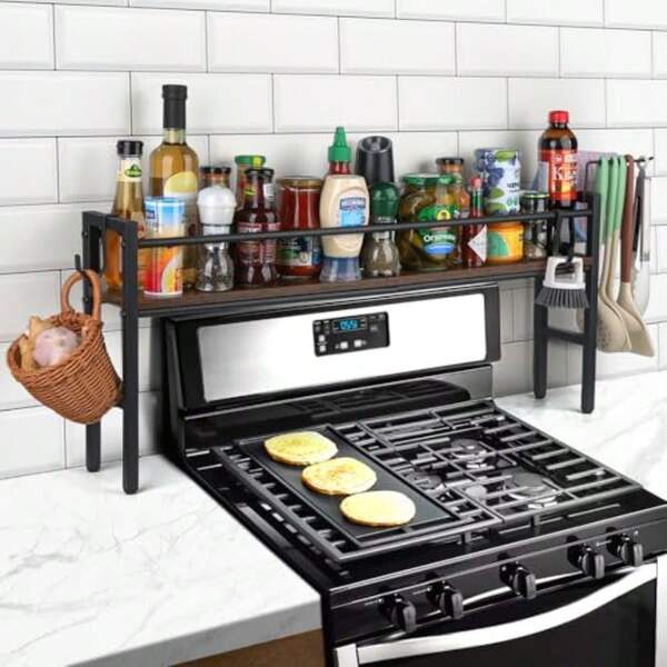 Spice Rack Shelf For Kitchen Stove Over The Stove Shelf With 4 Hooks Extra Storage Countertop Rustic Wood And Solid Metal Commbined Stove Shelf For Storage Seasoning Easy To Assemble