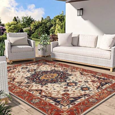 1pc Vintage Floral Patterned Rug In Red, Orange, Blue And Beige Contrasting Colors. Made Of Velvet Fabric, Weighing Approx. 850g, Thickness Around 0.6cm. The Rug Is Wear-Resistant, Anti-Slip And Easy To Clean. Available In Multiple Sizes. Suitable For Kitchen/Living Room/Dining Room/Bedroom/Balcony/Bathroom/Study, Perfect Choice For Home Decor.