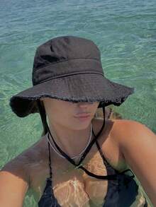 女士抽绳饰边渔夫帽，可调节下巴带设计，做旧效果，柔软面料，防晒防风，时尚百搭，适合旅行、海滩、度假、日常休闲穿着 - 彩色 - 查看 4