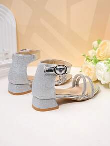 Giày sandal cao gót đính đá lấp lánh màu bạc cho bé gái, kiểu mũi vuông, có khóa dán, giày công chúa cho trẻ em. - Bạc - Xem 6
