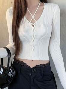 Sexy Pure Desire V-Neck Long Sleeved Knitted Top Slim Fit Short Style Hot Girl Sweater - White - View 3