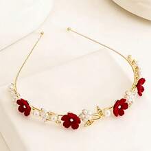 1pc Red Rose Headband With Faux Pearl Flower, Retro Delicate Hair Hoop Hair Band - Silver - View 6