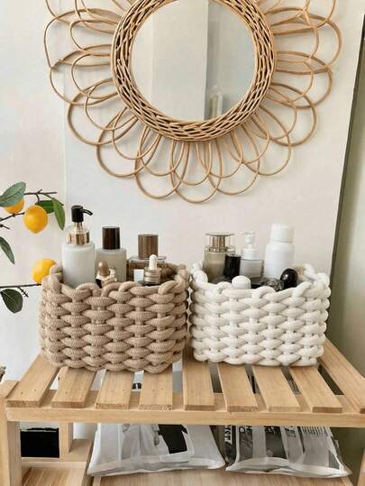 Handmade Thick Cotton Rope Cosmetic Storage Box, Perfect For Organizing Your Makeup Brushes, Skincare, Lipsticks, Eyeshadows, Nail Polish And Small Beauty Essentials. Spacious Interior, Ideal For Travel And Vacation