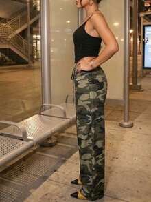 Women's Camouflage Cargo Pants With Pockets Wide Leg Drawstring Elastic Waist Trousers Streetwear - 軍綠色 - 查看 2