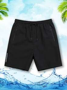 Quần short tập luyện nam dáng rộng, nhanh khô, có in chữ phản quang và túi khóa kéo, thoáng khí và thoải mái, phù hợp cho các bài tập trong phòng gym và các môn thể thao chạy đường dài ngoài trời. - màu đen - Xem 3