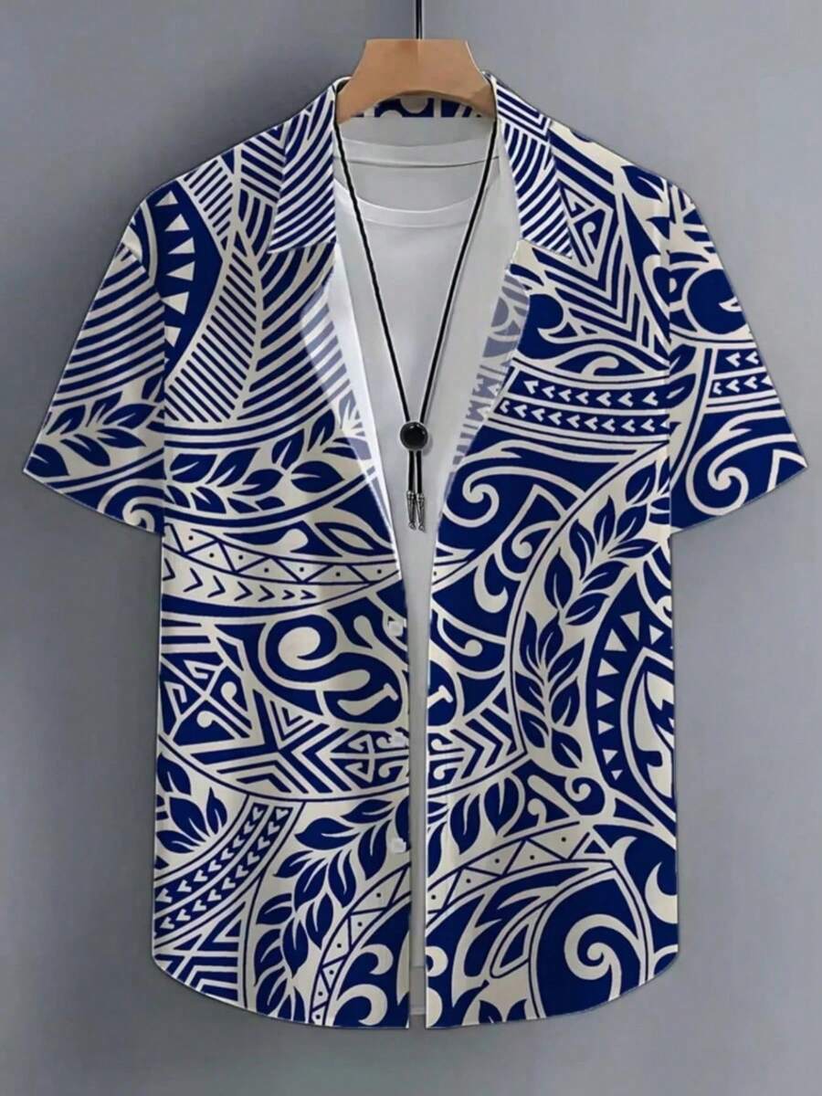 The Pattern Features Bold  Waves And Geometric Leaves Symbolizing Strength Freedom And Connection To Nature While Enhancing A Confident Modern Look 3D Printed Men's Casual Short Sleeve Shirt Fashion Summer Beach Top - 白色 - 查看 1