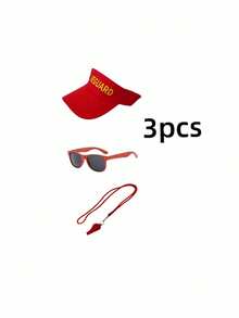 Summer Swimming, Surfing, Beach Party Lifeguard Sunhat & Whistle Set - Red - View 7
