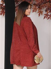 Women's Plus Size Curve Long Ribbed Knit Jacket With Pockets - Elegant Blazer - Autumn Fashion - Terracotta - View 4