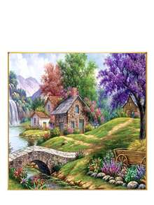 1 Set de Kit de Pintura de Diamantes sin Marco, Escenario Campestre Tranquilo con Encantadora Cabaña, Flores Vibrantes y Río, Adecuado para Decoración de Dormitorio, Sala de Estar, Oficina o Cocina, Decoración Mural Exterior, Técnica de Diamante Redondo Completo para Principiantes Adultos - Sin marco - Ver 10