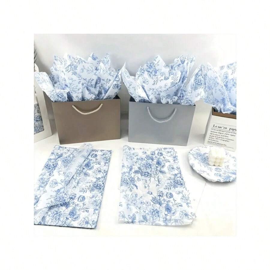 ZS50 Sheets Blue Floral Tissue Gift Wrapping Paper - 14x20 Inch Chinoiserie Vintage Blue White Peony Rose Design High-Quality Durable Paper For Birthdays Weddings Parties DIY Crafts Bouquet Wrapping Paper Special Occasion Decor Elegant Packaging Quality Craft MaterialZS - 彩色 - 查看 1