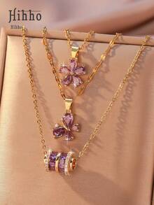 Hihho 3 件套时尚多功能闪亮紫色锆石镶嵌花朵、蝴蝶、腰吊坠项链套装，时尚魅力派对礼物，可单独佩戴或叠戴，优雅日常佩戴 - 紫色 - 查看 8