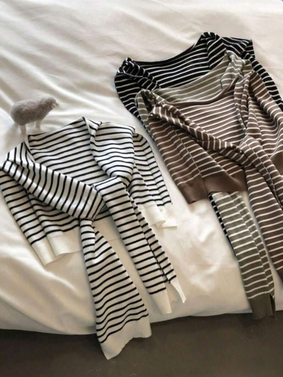 1 Stück Damen Mode gestreifter Strick-Cardigan mit kontrastfarbigem kleinem Schal, Frühling/Sommer/Herbst Sonnenschutz multifunktionaler Büro-Mesh-Schal für Klimaanlagenräume, Nacken- & Schulterschutz-Weste, geeignet für alle Jahreszeiten, RC Kleid - Verschiedenfarbig - Übersicht 1
