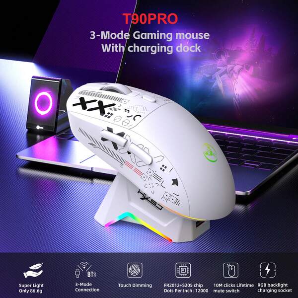 T90PRO 三模式充电底座无线鼠标，RGB 背光静音游戏鼠标，适用于台式机和笔记本电脑