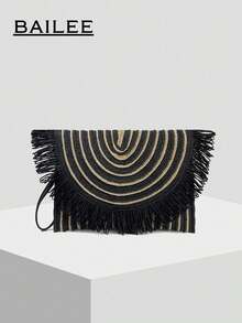 BAILEE 这款时尚休闲的波西米亚风黑色纸编手提包，采用独特的黑金撞色设计，配有可拆卸肩带。包包可容纳手机、钱包及其他物品。这款带有流苏装饰的包包，是海滨度假的理想之选，可手提、单肩背或手提。非常适合户外度假、海滩之旅、观光、购物和日常通勤。也是馈赠亲朋好友的绝佳礼物。 - 彩色 - 查看 1