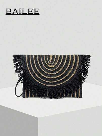 BAILEE A Stylish, Casual, Bohemian-Style Paper-Woven Black Handbag With A Unique Black And Gold Contrast Design Featuring Detachable Shoulder Straps. The Bag Can Hold A Phone, Wallet, And Other Items. It's A Seaside Vacation Fringe-Topper Bag That Can Be Carried By Hand, Slung Over The Shoulder, Or Held In Hand. Perfect For Outdoor Vacations, Beach Trips, Sightseeing, Shopping, And Daily Commutes. A Delightful Gift For Family And Friends.