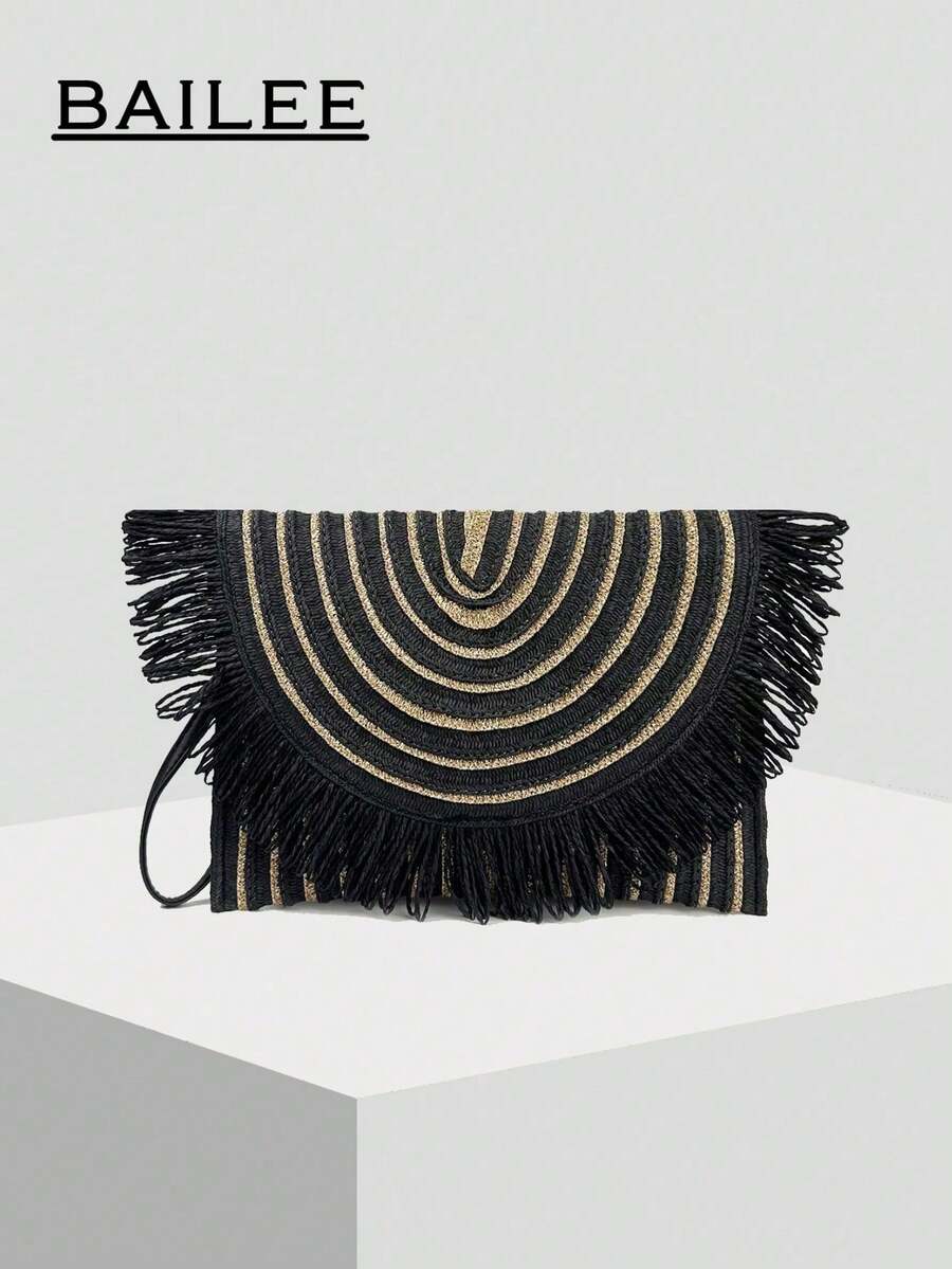 BAILEE 这款时尚休闲的波西米亚风黑色纸编手提包，采用独特的黑金撞色设计，配有可拆卸肩带。包包可容纳手机、钱包及其他物品。这款带有流苏装饰的包包，是海滨度假的理想之选，可手提、单肩背或手提。非常适合户外度假、海滩之旅、观光、购物和日常通勤。也是馈赠亲朋好友的绝佳礼物。 - 彩色 - 查看 1
