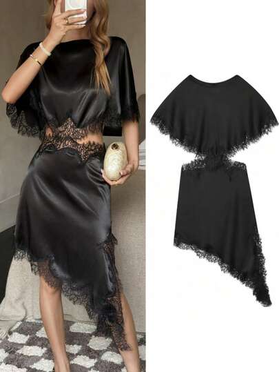 优雅纯色缎面蕾丝镂空不对称下摆披肩领连衣裙，春夏款