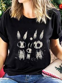 OVERSIZE Rabbit Family Cartoon Print Single Piece Multi-Color Women's Short Sleeve Stretch Top - màu đen - Xem 2