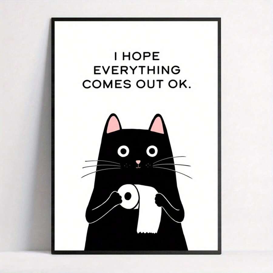 1pc Canvas Wall Art With Frame, Cat Illustration Canvas Wall Art Print - "Wishing You All The Best" - Ink Painting Decor Art, Modern Retro Style, Suitable For Home, Office, Bathroom, Living Room, Bedroom, Framed Canvas Wall Art, Wall Art, Poster - Canvas (Frame Optional) - Cat - View 1