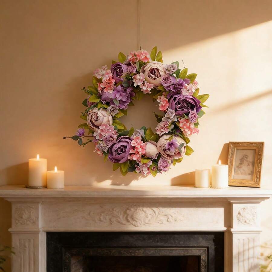1pc 45cm/17.72in Romantic Vintage Style Artificial Simulated Peony Flower Hanging Decorative Wreath For Thanksgiving, Harvest, Christmas, Valentine's Day, Mother's Day, Weddings, Holiday Party Mantel, Wall, Door Window, Staircase Decorative Wreath, Thanksgiving Gift - C - 查看 1