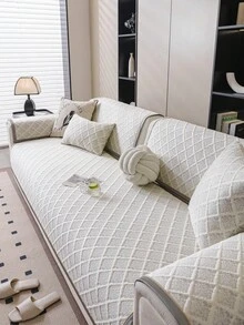1pc Solid Color Plaid Pattern Chic Sofa Cover, Modern Minimalist Sofa Slipcover, Stain Resistant, Anti-Slip, Dust-Proof, Protects Sofa, Machine Washable, Non-Deforming, Fade-Resistant, Durable, Pet-Friendly, Sofa Makeover, Sofa Decor, Enhances Ambiance, Fits 1-4 Seater, L-Shaped Sofa - Grey - View 4