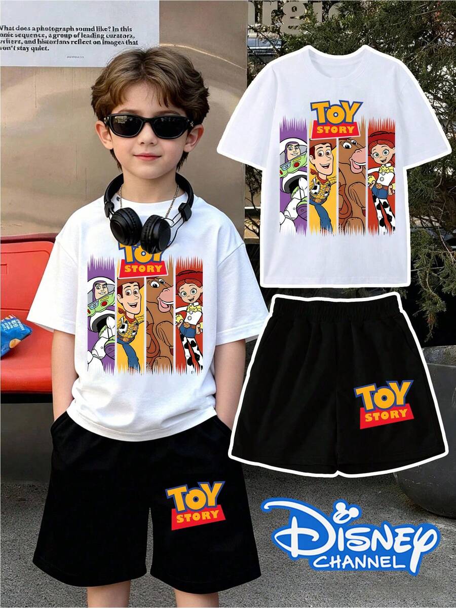 Disney Collaboration,Graphic Tees,Boys' Summer Set: Boys Toy Story Outfit, Short Sleeve Tee With Buzz Lightyear, Woody, Jessie & Bullseye Print + Casual Black Shorts,Clothing, 4th Of July,Boys Outfit Sets - trắng - Xem 1