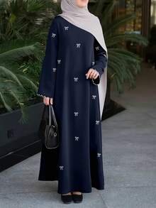 女款優雅蝴蝶刺繡伊斯蘭 Abaya 長袍，長版正式與休閒款 Ramadan 禮服，落地長裙，秋季款 - 藏蓝色 - 查看 1