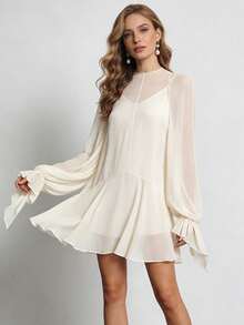 Women Long Sleeve Mini Dress French Casual Solid High Neck Short Flowy Ruffle Dresses for Daily Party Club Party - Beis - Ver 4