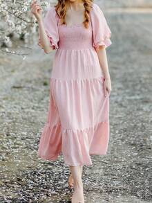 Bohemia Women's Off Shoulder Maxi Dress  Ruffle Dress - Matching Family Outfits - Yellow Smocked Tiered Dresses For Summer - Pink - View 3