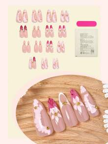 10 miếng dán móng tay acrylic hình hạnh nhân kiểu Y2K, họa tiết hoa, màu hồng Pháp, 3D, đính hạt vàng và phụ kiện, phù hợp cho nữ và bé gái sử dụng hàng ngày, trong các lễ hội và tiệc tùng, hoặc làm quà tặng. - Nhiều màu - Xem 2