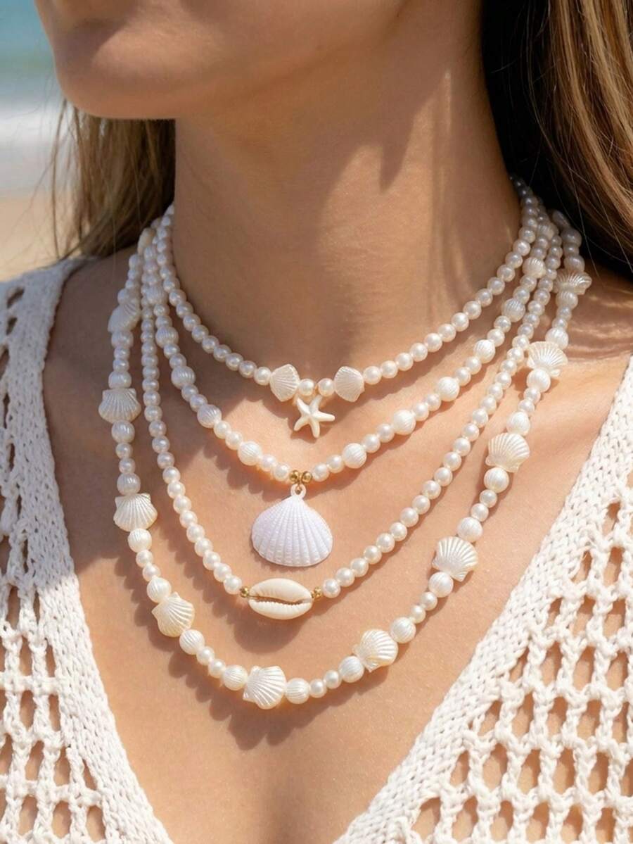 4件套贝壳、海星和珍珠项链套装，适合女士海滩度假和旅行 - 彩色 - 查看 1